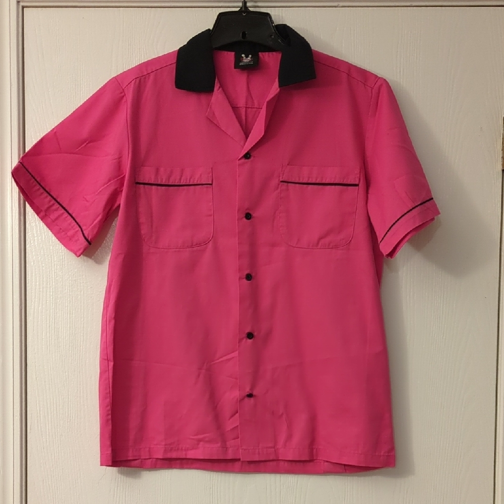 Pink Short Sleeve Shirt Bowling Shirt With Black Trim